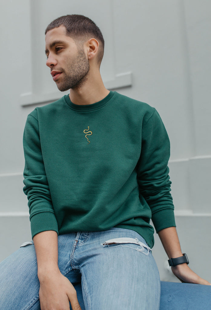 Grass Snake Unisex Embroidered Organic Sustainable Sweatshirt Jumper Big Wild Thought