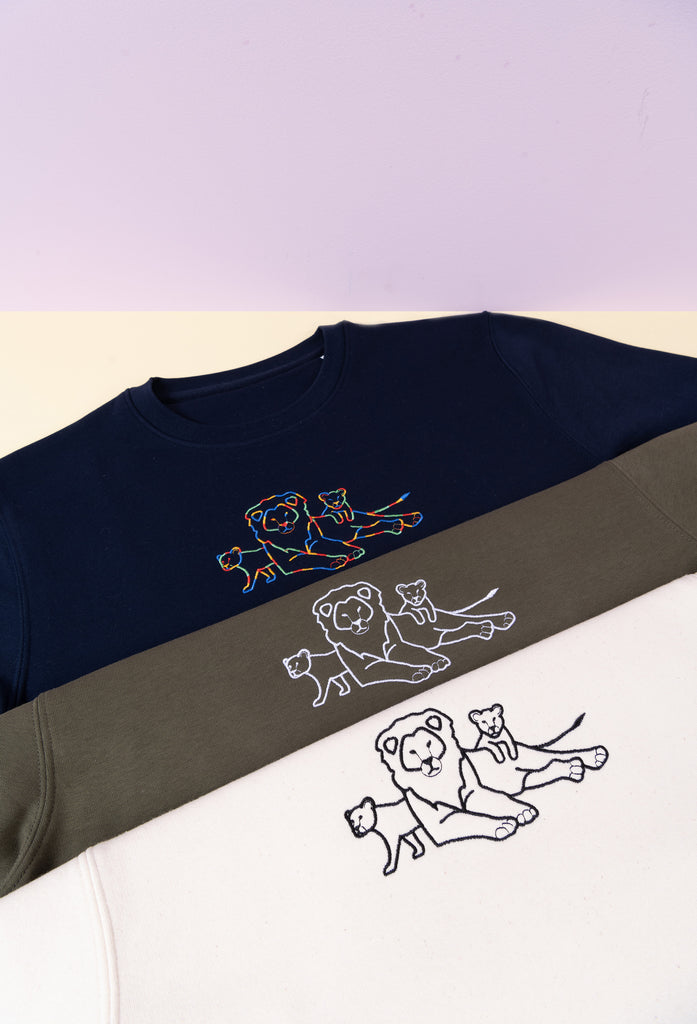 Family of Lions Embroidered Organic Sustainable Sweatshirt Jumper Big Wild Thought